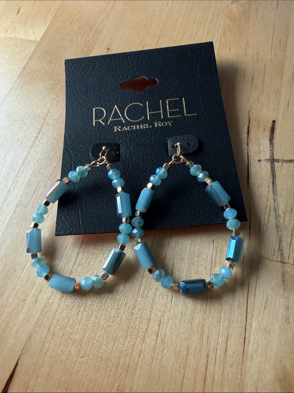 RACHEL Rachel Roy Aqua and Gold tone Beaded Hoop Earrings